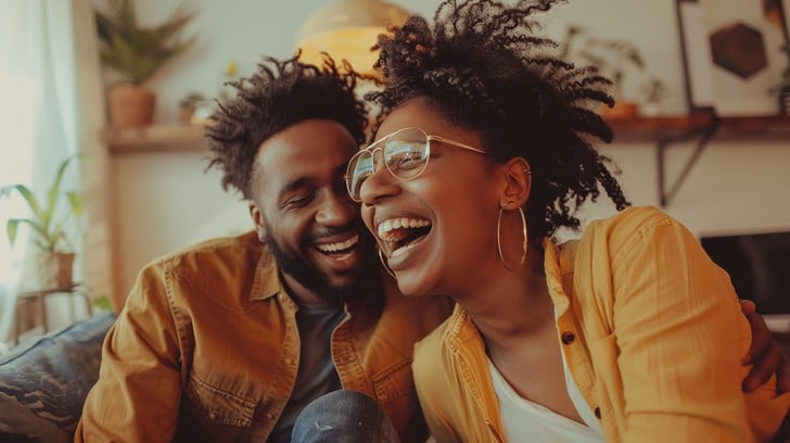 A couple responding to each other's humor while flirting