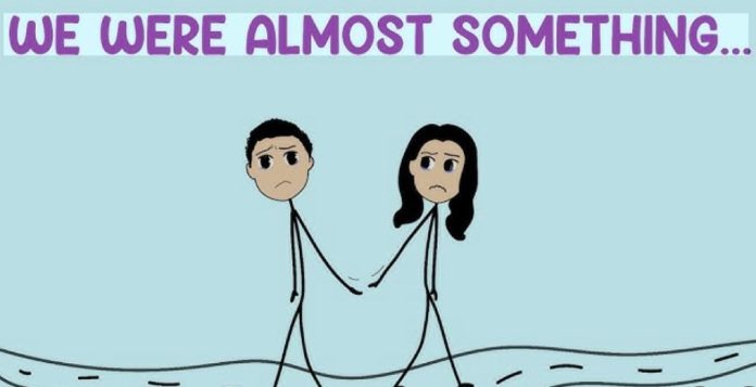 a cartooon image of a couple in an almost relationship