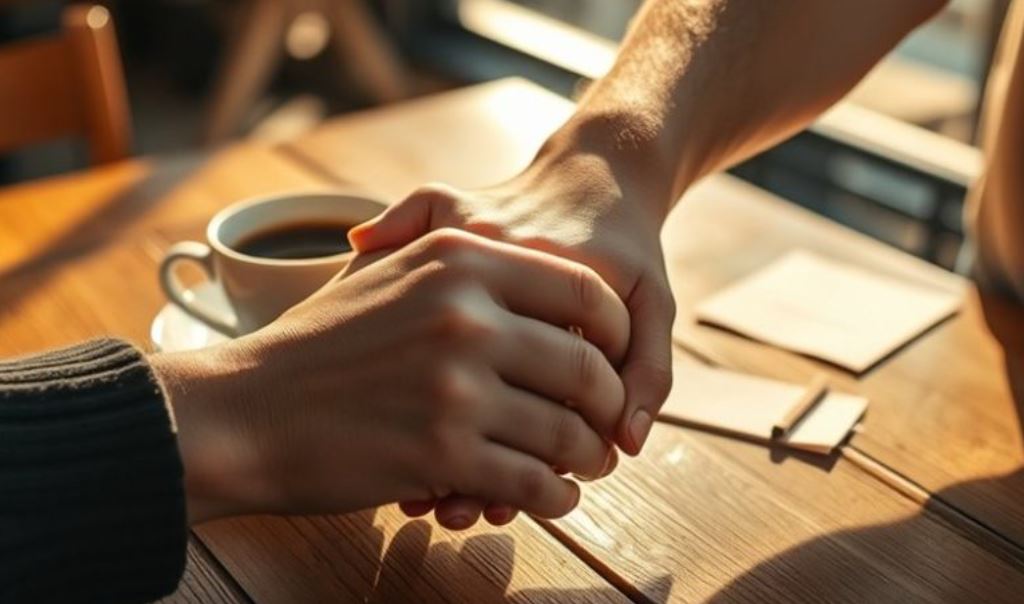 Two hands from a man and a woman held together in agreement a sign to clear coding