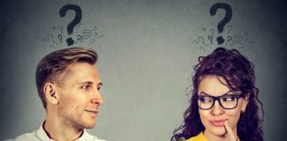 18 Beautiful Signs He’s Interested in You and How to Make a Breakthrough A man wondering how to hsow he's interested and a woman wondering the signs that he's interested