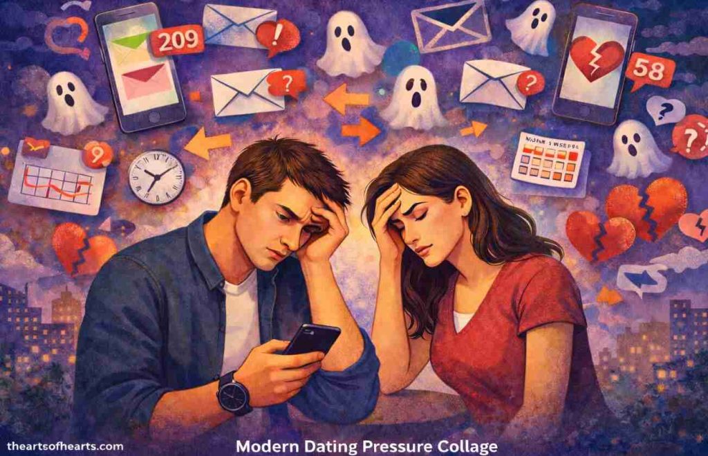a collage of modern dating pressures
