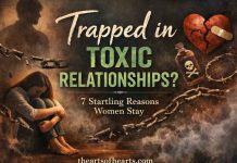 7 Startling Reasons Women Feel Trapped in Toxic Relationships a cover image showing a woman feeling trapped ina toxic relationship with chains and a dingy room and broken heart pic symbolic of her situation