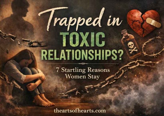 a cover image showing a woman feeling trapped ina toxic relationship with chains and a dingy room and broken heart pic symbolic of her situation
